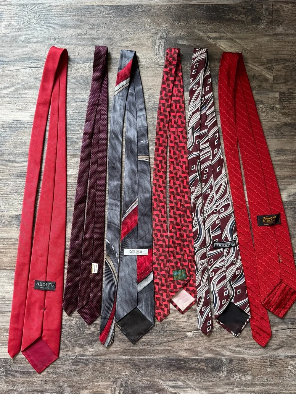 Lot of 6 red themed men’s classic neck ties Hagger Arrow Adolfo, Venezia, Botany